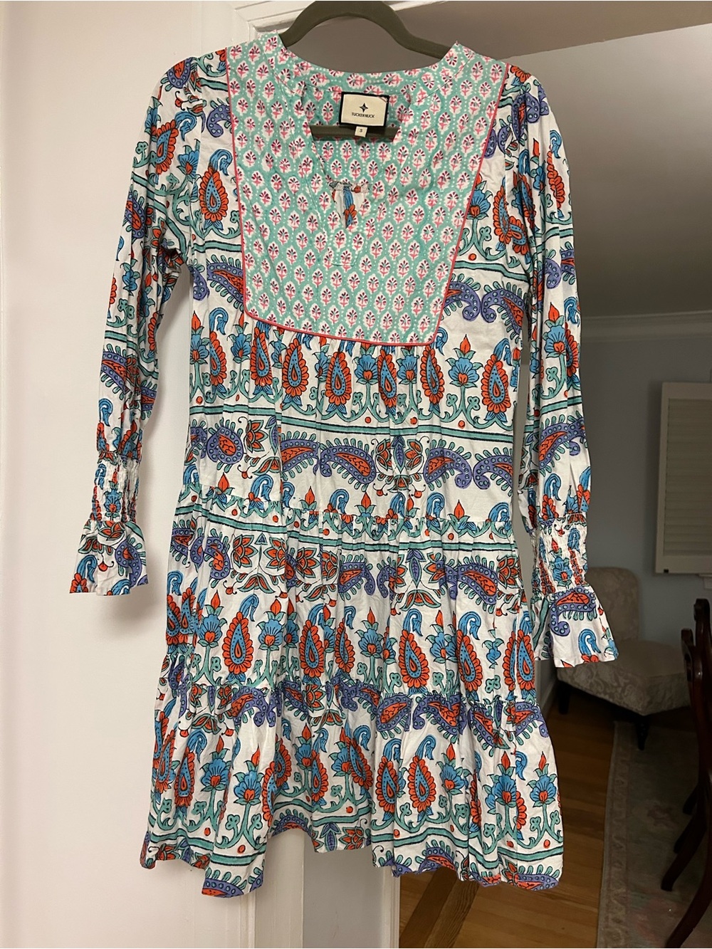 Tuckernuck White Paisley Tiered Long-Sleeve Dress with Teal and Orange